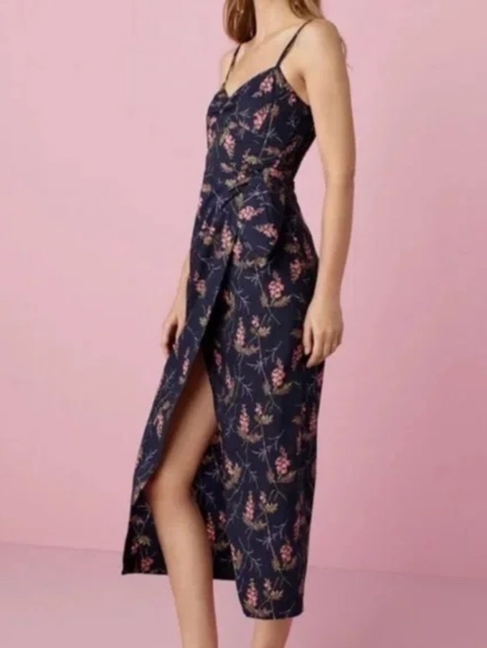 Rebecca Taylor Navy Pink Floral Wrap Midi dress - sz 00